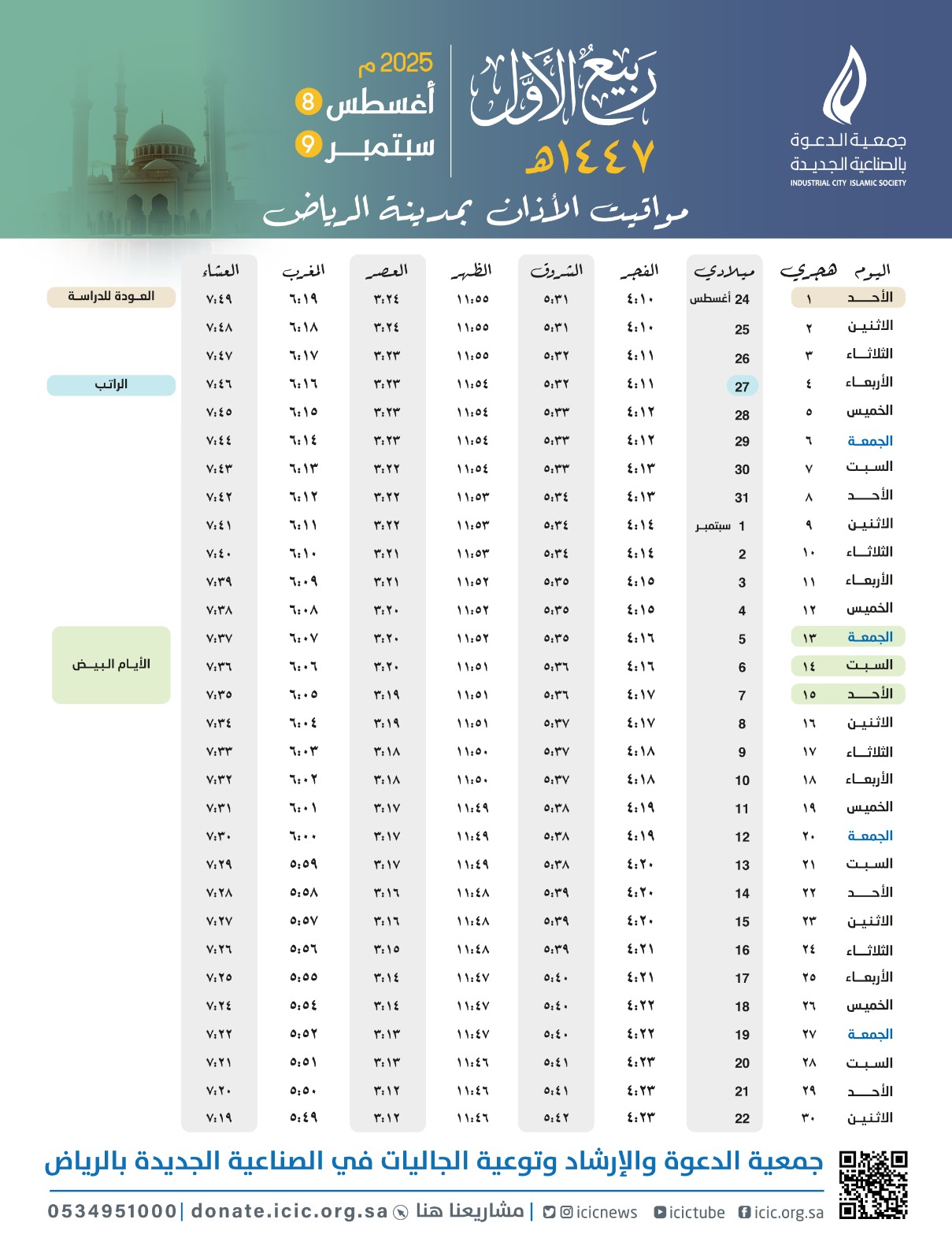 #مواقيت_الأذان بمدينة #الرياض  لـ #شهر_ربيع_الاول